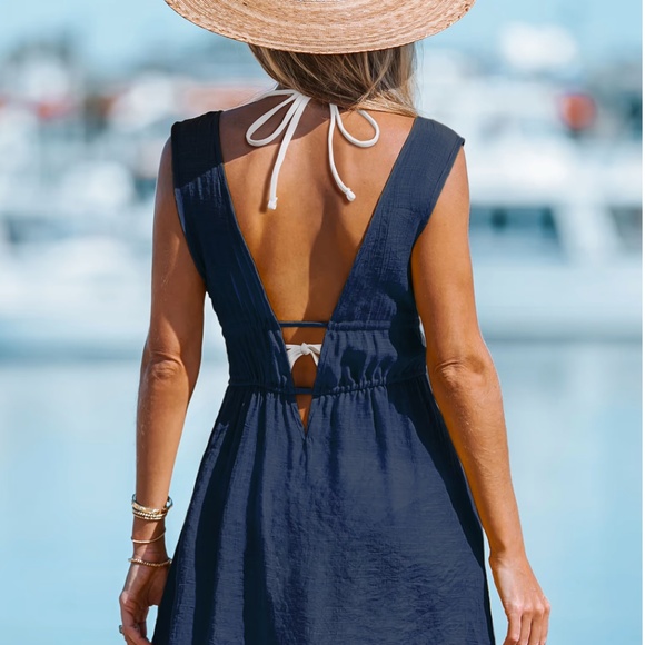 Navy Plunging Double Waist Tie Cover-Up Dress Size M - Picture 3 of 8